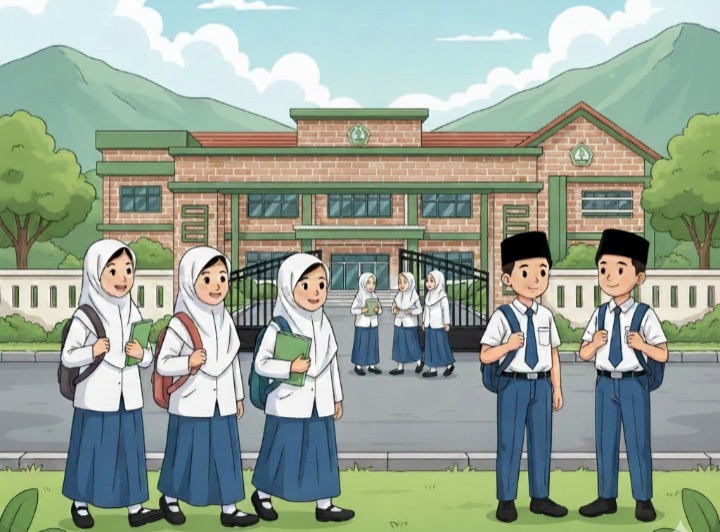 Ilustrasi siswa dan siswi sekolah Muhammadiyah mengenakan seragam biru putih dan berhijab sedang berdiri di depan gedung sekolah yang asri untuk informasi PPDB Semarang