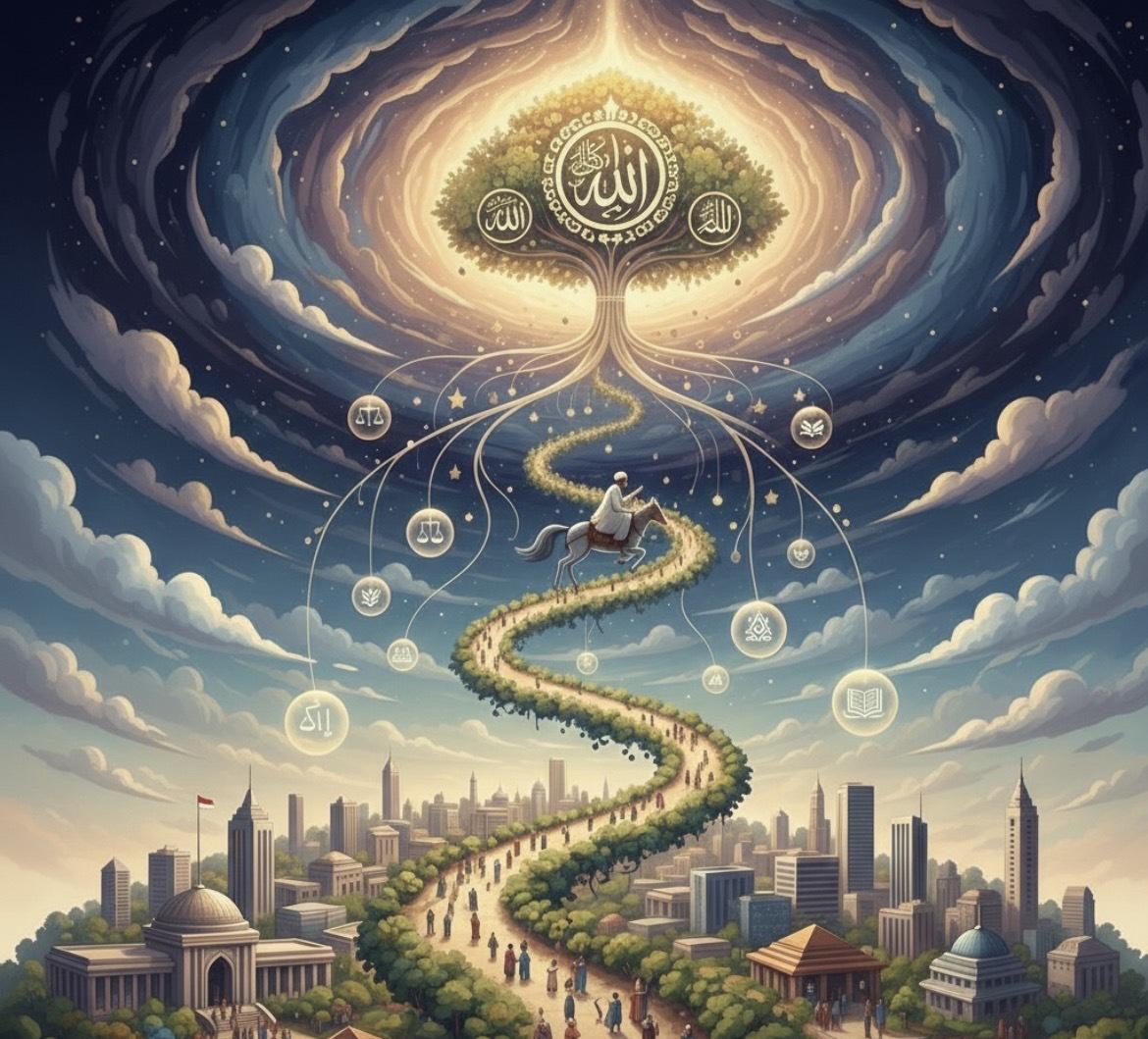 Ilustrasi perjalanan spiritual Isra Mi'raj 2026 yang menghubungkan nilai langit dengan kehidupan kota modern sebagai simbol Kepemimpinan Langit dan integritas.