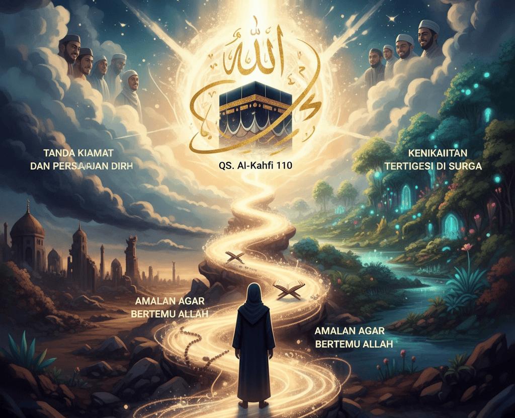 Ilustrasi spiritual seorang hamba meniti jalan cahaya menuju perjumpaan dengan Allah, menampilkan teks Al-Kahfi 110, tanda kiamat, dan kenikmatan surga.