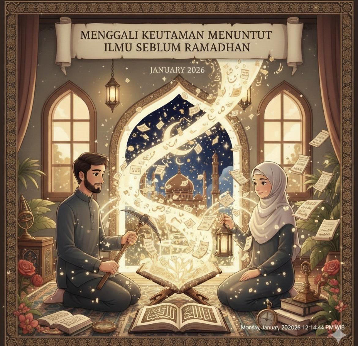 Ilustrasi pasangan Muslim sedang mengaji dengan elemen cahaya ilmu untuk persiapan Ramadan 2026 sebagai bentuk muhasabah diri.