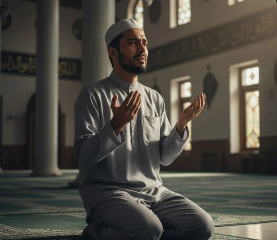 Muslim muda profesional sedang bersimpuh dan berdoa dengan khusyuk memohon ampunan Allah di sebuah masjid di Semarang Utara.