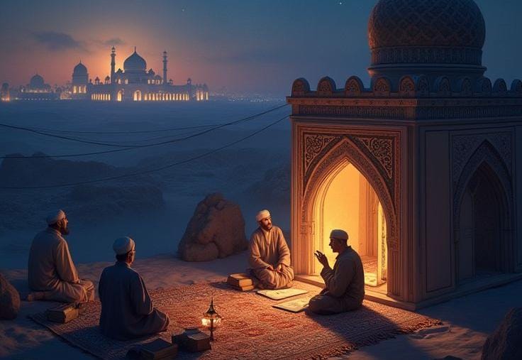 "Ilustrasi digital suasana pengajian di malam hari dengan latar belakang masjid berkubah besar yang bercahaya di kejauhan. Di latar depan, empat orang pria mengenakan peci putih duduk bersila di atas karpet merah bermotif. Dua orang pria duduk di depan sebuah bangunan kecil berbentuk gerbang dengan lampu kuning hangat di dalamnya, sedang melakukan diskusi atau ceramah. Suasana terasa tenang, spiritual, dan khidmat di bawah langit malam."