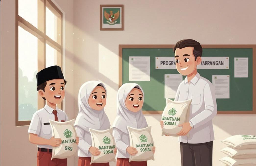 Ilustrasi siswa SD Muhammadiyah 12 Semarang menerima bantuan sembako sebagai wujud Pendidikan Karakter Siswa dan Spirit Al-Maun menjelang Ramadan 2026.