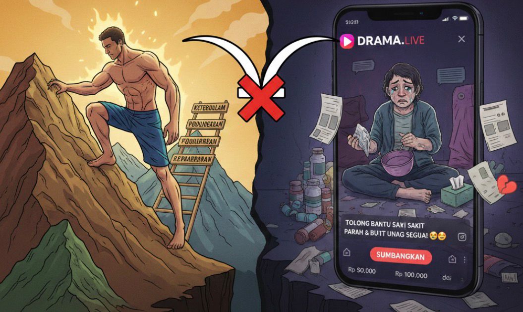 Ilustrasi perbandingan etos kerja Muslim mendaki gunung dengan penuh semangat melawan fenomena ngemis online di smartphone yang memelas.