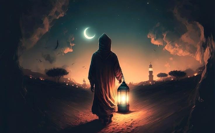 Ilustrasi seseorang berjubah tampak belakang sedang berjalan membawa lentera bercahaya di tengah padang pasir pada malam hari, dengan latar belakang bulan sabit dan siluet menara masjid di kejauhan.