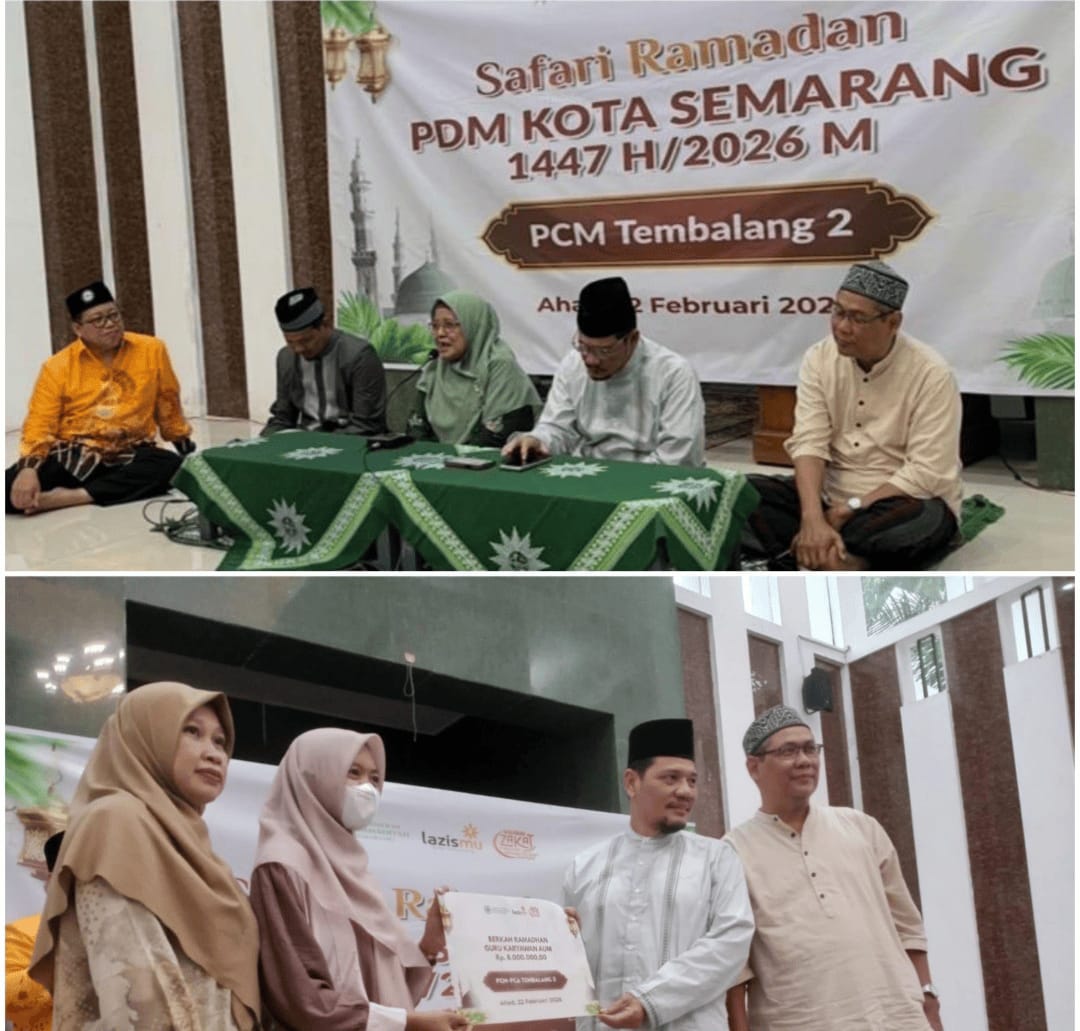 Ketua PDM Kota Semarang Dr. KH. Fachrur Rozi M.Ag. menyerahkan bantuan Lazismu Kota Semarang secara simbolis dalam acara Safari Ramadhan 1447 H di Masjid SBH Meteseh.