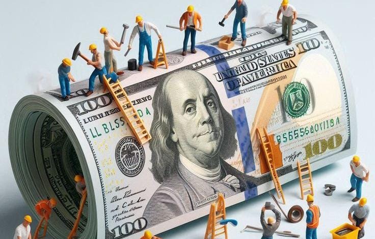 Ilustrasi miniatur figur pekerja konstruksi yang sedang beraktivitas di atas dan di sekitar gulungan besar uang kertas seratus dollar Amerika Serikat, menggunakan tangga dan peralatan pertukangan.