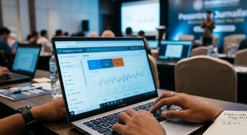 Peserta Pesantren Jurnalistik Muhammadiyah Jateng sedang mengoperasikan dashboard Google Search Console untuk optimasi SEO dakwah digital.