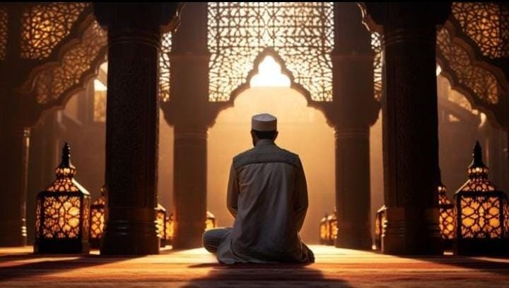 Foto estetik yang memperlihatkan seorang pria dari arah belakang sedang duduk bersimpuh (tahiyat) di tengah ruangan masjid yang megah. Ruangan tersebut dipenuhi pilar-pilar besar dan ukiran geometris khas arsitektur Islam di bagian dinding dan langit-langit. Cahaya matahari pagi yang hangat masuk melalui jendela, menciptakan suasana tenang dan sakral. Di sekitar pria tersebut, terdapat beberapa lampu hias (lentera) yang menyala redup di atas karpet merah.
