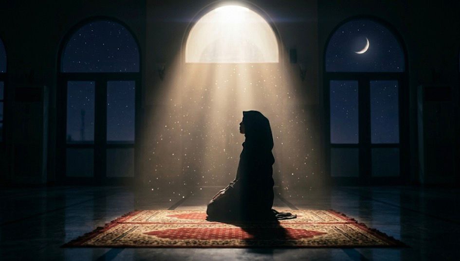 Seorang wanita muslimah sedang bersujud syukur dan berdoa di dalam masjid yang tenang di bawah pancaran cahaya lampu sebagai ilustrasi Amalan 10 Hari Terakhir Ramadhan dan malam Lailatul Qadar.