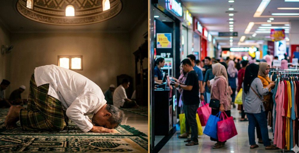 Perbandingan antara seorang pria yang bersujud di masjid dengan keramaian warga yang melakukan persiapan lebaran di pusat perbelanjaan.