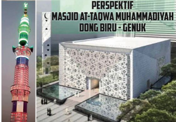 Desain arsitektur modern perspektif Masjid At-Taqwa Muhammadiyah Dong Biru Genuk Semarang dengan menara tinggi yang bercahaya.