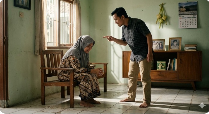 Sebuah foto yang memperlihatkan konflik tegang di dalam sebuah ruang tamu rumah sederhana bergaya Indonesia lama dengan lantai ubin bermotif. Seorang pria paruh baya mengenakan kemeja lengan pendek bermotif garis-garis dan celana panjang berdiri dengan posisi agresif, mencondongkan tubuhnya ke depan sambil mengacungkan jari telunjuk kanannya tepat ke wajah seorang wanita tua yang mengenakan jilbab motif bunga dan duduk bersimpuh di kursi kayu. Wajah pria itu tampak marah, sementara wanita tua itu menundukkan kepala dengan ekspresi sedih dan tangan yang saling bertaut di pangkuannya. Di latar belakang, terdapat lemari kayu tua dengan beberapa foto keluarga berbingkai emas dan kalender dinding yang menunjukkan bulan Maret 2026.