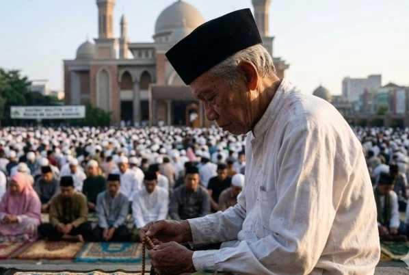 Profil seorang pria Muslim lansia Indonesia dengan peci hitam, duduk di sajadah di halaman Masjid As Salam Wonodri, Semarang Selatan, merenung dengan khidmat di tengah ribuan jemaah Shalat Idulfitri 2026.