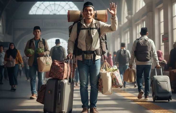 Sebuah ilustrasi realistis yang memperlihatkan seorang pria muda sedang berdiri di tengah aula stasiun kereta api yang sibuk. Pria tersebut mengenakan jaket krem, celana jin biru, peci hitam, dan menggendong ransel besar dengan tikar tergulung di atasnya. Ia tampak tersenyum lebar sambil melambaikan tangan kirinya ke arah kamera, sementara tangan kanannya memegang pegangan koper besar berwarna abu-abu. Di sekitarnya, terdapat beberapa tas belanjaan berisi perbekalan. Di latar belakang, terlihat pemudik lain dengan koper masing-masing di bawah atap melengkung stasiun yang ikonik.