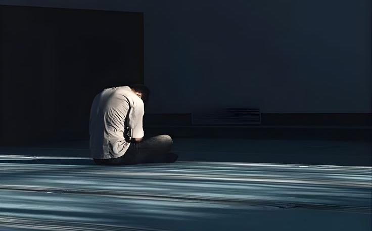 Foto dengan suasana pencahayaan dramatis di dalam sebuah ruangan luas yang tampak seperti masjid. Di latar depan, seorang pria mengenakan kemeja putih sedang duduk bersimpuh sendirian di atas lantai yang terpapar cahaya matahari dari arah samping, menciptakan bayangan garis-garis panjang yang kontras. Pria tersebut menundukkan kepalanya dalam-dalam dengan posisi tubuh yang membungkuk, memberikan kesan kesedihan, penyesalan, atau kepasrahan yang mendalam. Latar belakang ruangan tampak gelap dan sunyi, mempertegas suasana kontemplasi atau audit hati yang personal.