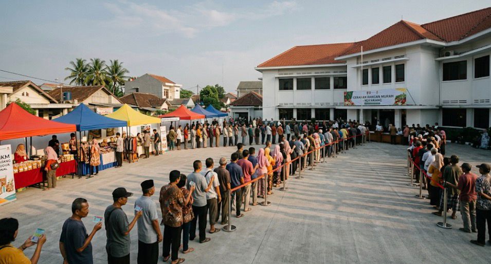 Antrean warga di halaman Kantor Kecamatan Genuk mengikuti Gerakan Pangan Murah dan bazar UMKM Aisyiyah Peduli Stunting.