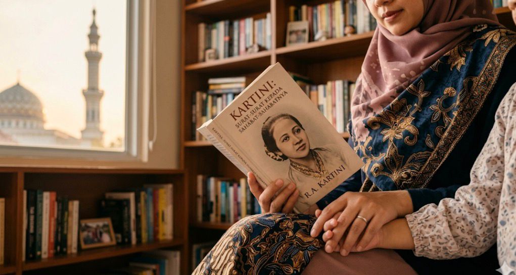 Foto close-up seorang ibu berhijab memegang buku R.A. Kartini sambil menggandeng tangan anaknya di perpustakaan rumah dengan latar belakang jendela dan kubah masjid.