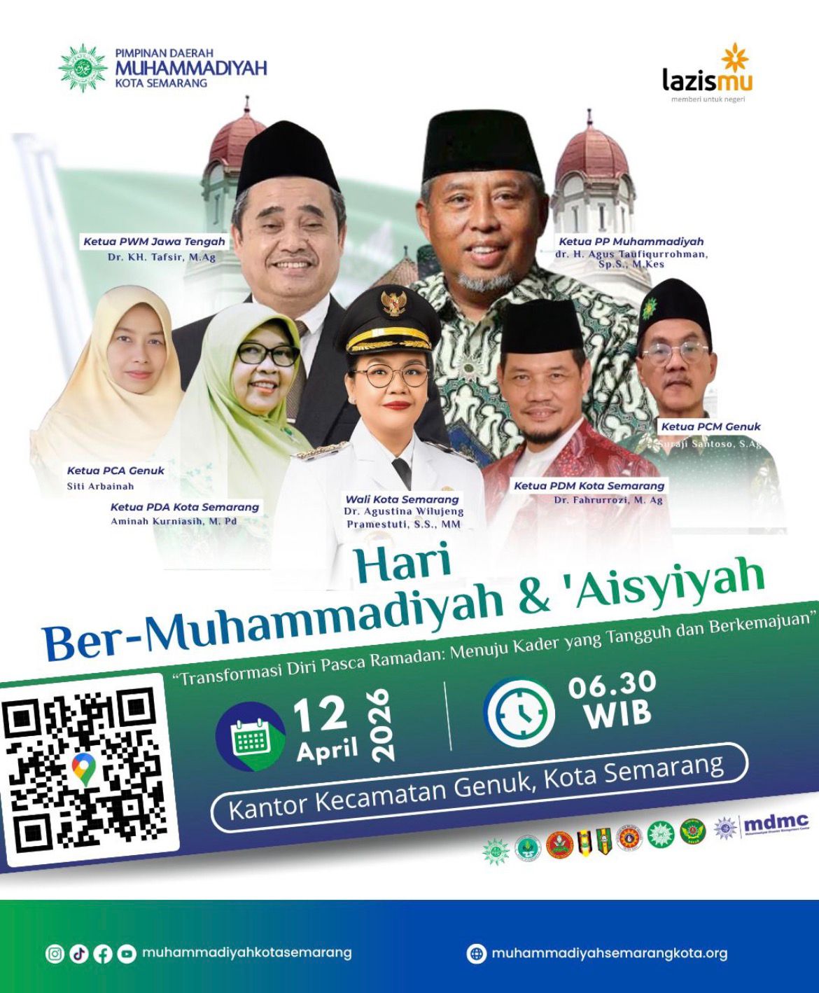 Flyer resmi acara Hari Ber-Muhammadiyah dan Aisyiyah Genuk Semarang, 12 April 2026, menampilkan Wali Kota Semarang Agustina Wilujeng dan tokoh PDM Kota Semarang.