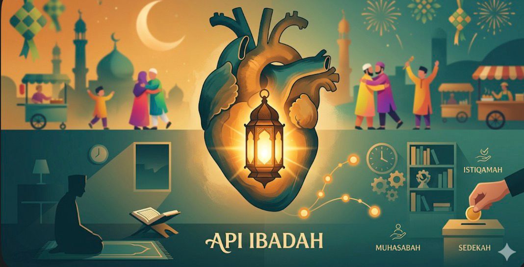 Ilustrasi amalan pasca Ramadhan yang menggambarkan menjaga api ibadah melalui istiqamah, muhasabah, dan sedekah.