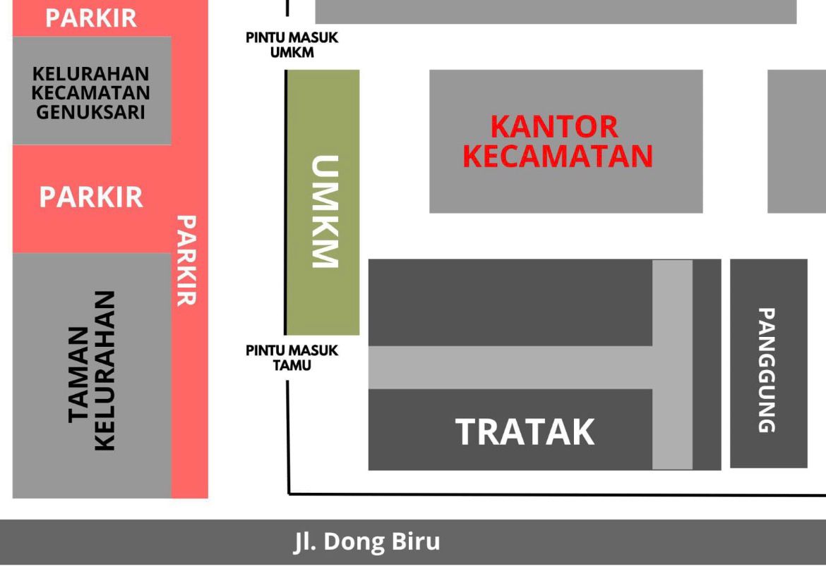 Denah lokasi kantong parkir dan tata letak acara Hari Ber-Muhammadiyah Kota Semarang di Kantor Kecamatan Genuk.