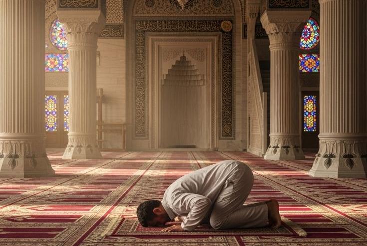 Gambar ilustrasi digital yang estetik menampilkan seorang pemuda mengenakan kemeja putih sedang bersujud dengan khusyuk di atas karpet bermotif merah dan krem di dalam sebuah masjid yang megah. Ruangan masjid memiliki pilar-pilar besar yang kokoh dengan ukiran detail di bagian bawahnya. Di latar belakang, terdapat dinding dengan desain geometris Islami serta jendela-jendela kaca patri berwarna-warni yang membiarkan cahaya matahari lembut masuk ke dalam ruangan, menciptakan suasana yang hangat, tenang, dan penuh spiritualitas.