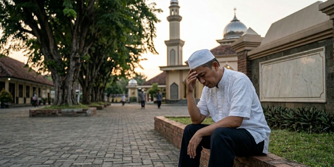 Foto suasana luar ruangan di sebuah kompleks masjid pada waktu menjelang senja. Di latar depan sebelah kanan, seorang pria paruh baya mengenakan baju koko putih lengan pendek, celana panjang hitam, dan peci putih sedang duduk bersandar di tepian pagar bata rendah. Ia tampak menunduk dalam posisi termenung dengan tangan kanan memegang dahi, mengekspresikan kesedihan atau penyesalan yang mendalam. Di latar belakang, terlihat bangunan masjid yang megah dengan kubah perak dan menara tinggi yang mulai menyala lampunya. Area sekitarnya merupakan jalan setapak dari paving block yang rapi dengan deretan pohon hijau di sisi kiri, menciptakan suasana yang tenang namun melankolis.