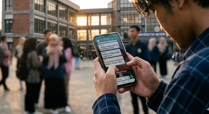 Mahasiswa membaca pesan berindikasi pelecehan seksual digital di grup obrolan ponsel pintar, dengan latar belakang aktivitas mahasiswa dan gedung kampus bertingkat yang mengabur.