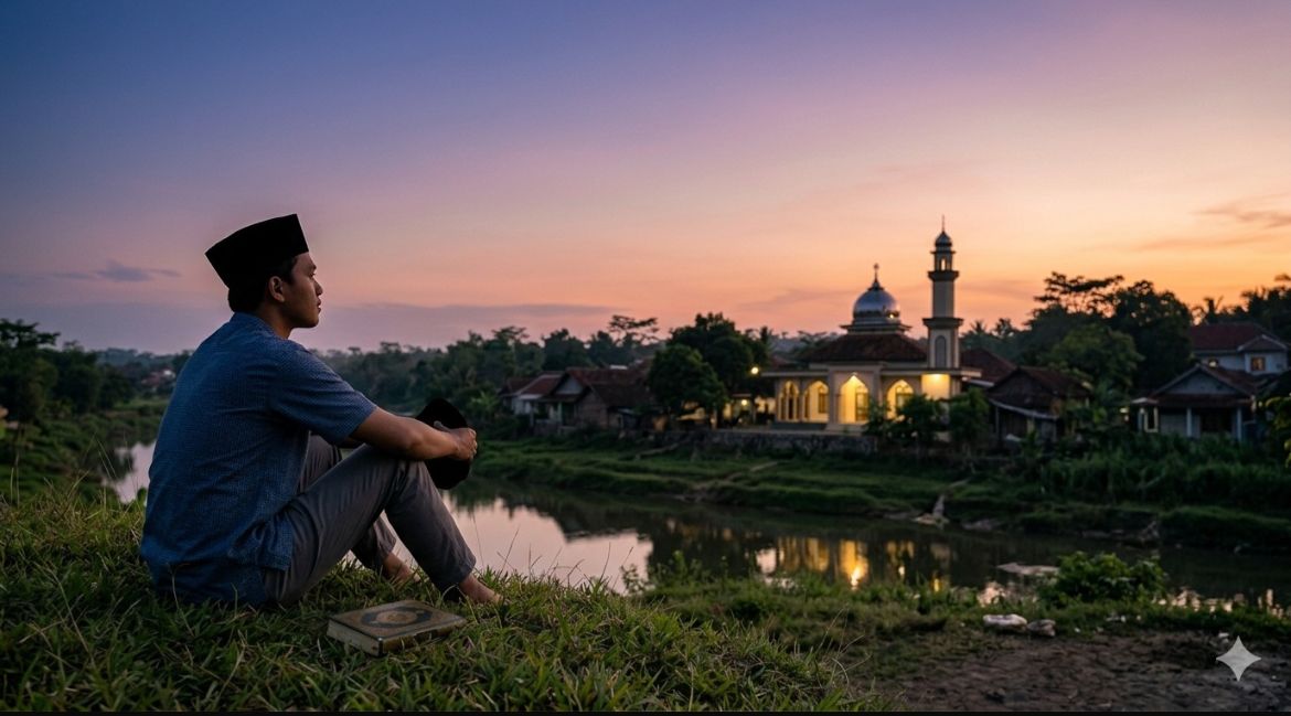 Sebuah foto pemandangan senja yang tenang dengan langit berwarna gradasi ungu dan jingga. Di sisi kiri depan, seorang pemuda mengenakan baju koko biru tua dan peci hitam sedang duduk bersimpuh di atas rumput hijau di tepi sungai, menatap ke arah pemukiman di seberang air. Di sampingnya tergeletak sebuah kitab suci Al-Qur'an yang terbuka tipis. Di seberang sungai, tampak sebuah masjid dengan kubah perak dan satu menara tinggi yang lampunya mulai menyala, memantulkan cahaya di permukaan air sungai yang tenang. Suasana terasa sunyi dan meditatif.