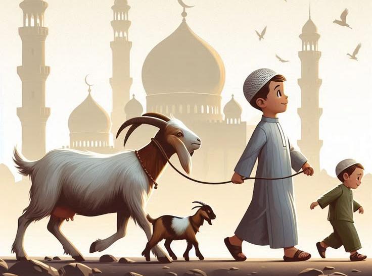 Gambar ilustrasi gaya kartun yang cerah dan hangat menampilkan dua anak laki-laki Muslim berjalan menuntun hewan kurban. Anak laki-laki yang lebih besar, mengenakan jubah abu-abu dan peci putih, menuntun seekor kambing putih besar bertanduk panjang dengan tali. Di belakangnya, seekor anak kambing cokelat kecil mengikuti ibunya. Di paling belakang, anak laki-laki yang lebih kecil mengenakan jubah hijau dan peci putih berjalan dengan riang. Latar belakang menampilkan pemandangan kota dengan siluet masjid-masjid berikubah besar dan menara tinggi di bawah langit berwarna krem yang lembut, dengan beberapa burung terbang. Ilustrasi ini menciptakan suasana kebersamaan dan kegembiraan menyambut Iduladha.