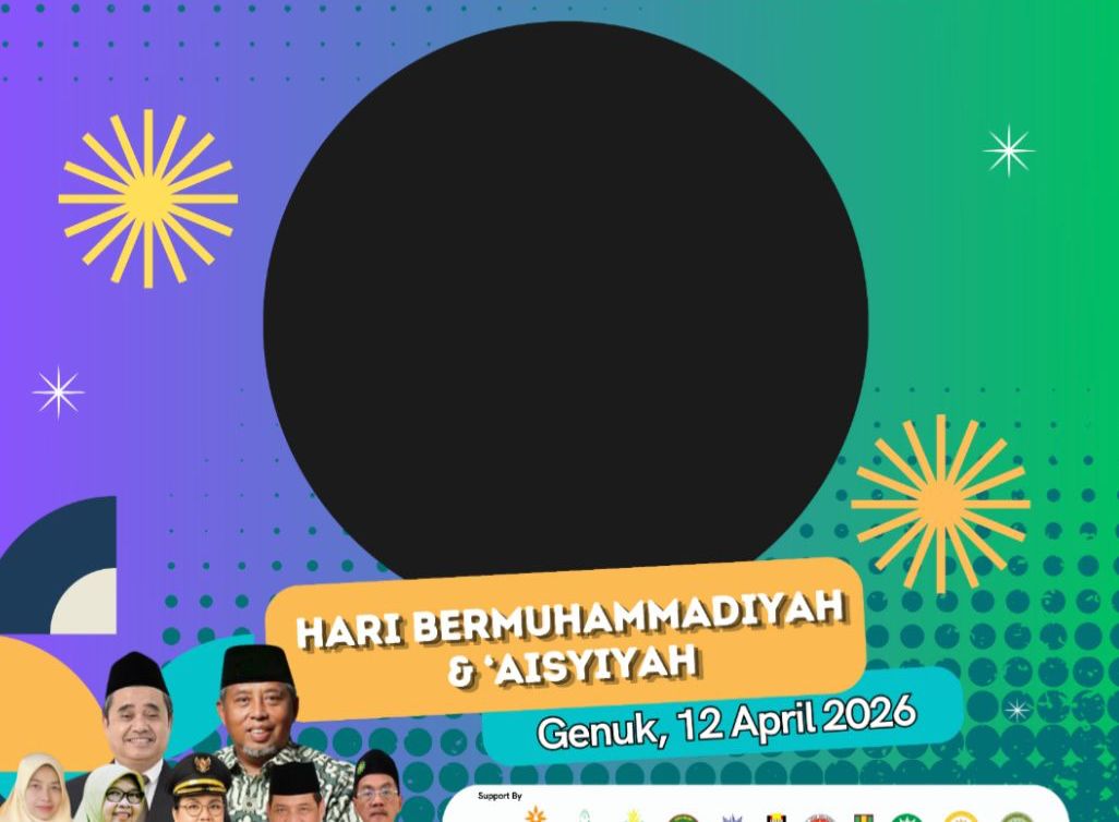 Desain grafis Twibbon berbentuk persegi dengan dominasi warna hijau toska dan biru yang ceria, dilengkapi aksen pola titik-titik (dot pattern) dan elemen geometris. Di bagian atas terdapat teks "SAYA SIAP MENGIKUTI HARBEMA KOTA SEMARANG". Bagian tengah memiliki lubang lingkaran besar berwarna putih untuk tempat foto profil pengguna. Di bagian bawah, terdapat spanduk kuning bertuliskan "HARI BERMUHAMMADIYAH & 'AISYIYAH" serta keterangan tempat dan waktu "Genuk, 12 April 2026". Di pojok kiri bawah menampilkan foto kolase tokoh-tokoh pimpinan, termasuk Ketua PCA Genuk, Ketua PDA Kota Semarang, Wali Kota Semarang (Dr. Agustina Wilujeng Pramestuti, S.S., MM), dan Ketua PDM Kota Semarang (Dr. Fakhrur Rozi, M.Ag). Bagian paling bawah memuat barisan logo organisasi otonom Muhammadiyah serta keterangan pembuat oleh Pimpinan Cabang Muhammadiyah Genuk.