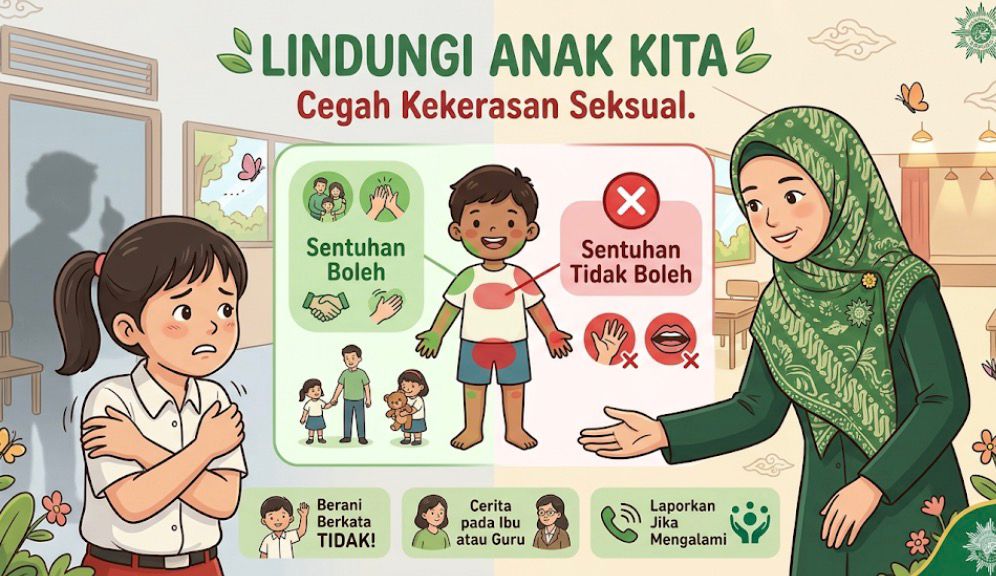 Infografis edukasi pencegahan kekerasan seksual anak dari 'Aisyiyah yang menampilkan panduan "Sentuhan Boleh" dan "Sentuhan Tidak Boleh" serta ajakan berani melapor.