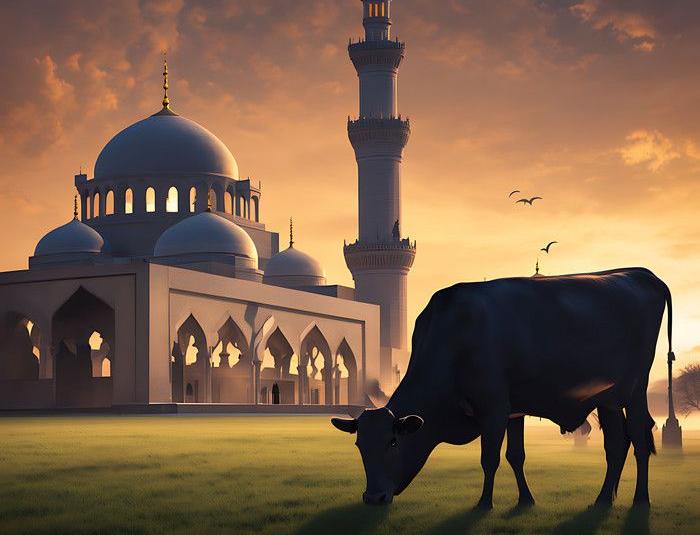 Gambar ilustrasi digital yang menampilkan seekor sapi berwarna hitam sedang merumput di halaman hijau yang luas pada waktu senja atau fajar. Di latar belakang, berdiri megah sebuah masjid berwarna putih dengan kubah besar dan menara tinggi yang menjulang ke langit yang berwarna jingga keunguan. Suasana terasa tenang dan religius dengan beberapa burung yang terbang rendah di kejauhan. Komposisi visual ini menggambarkan persiapan spiritual menjelang ibadah kurban.