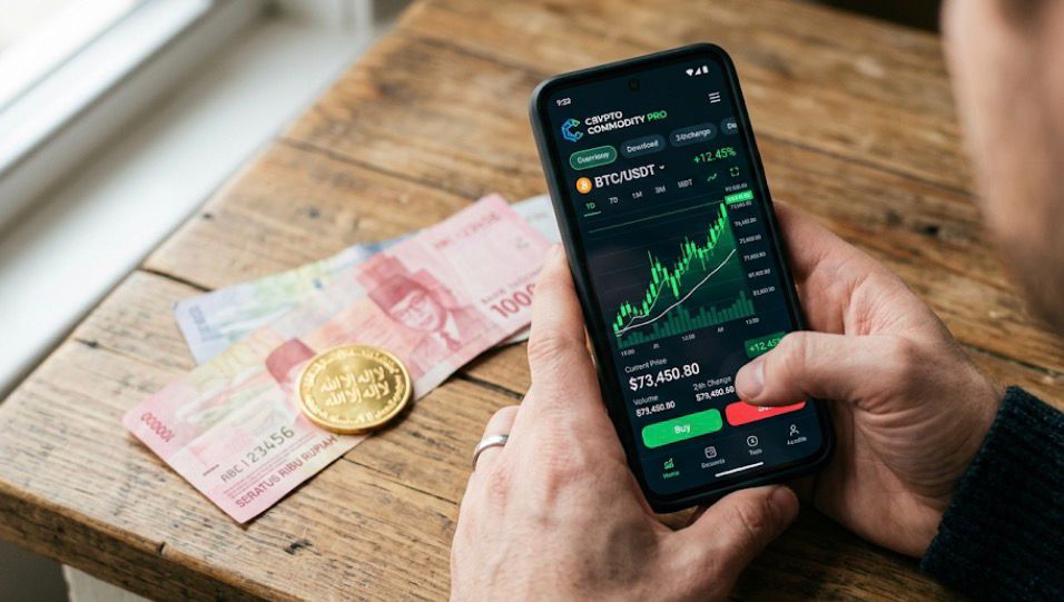 Seseorang memantau grafik investasi kripto di ponsel berdampingan dengan uang Rupiah dan koin emas, merepresentasikan Fatwa Kripto Majelis Tarjih Muhammadiyah tentang aset digital sebagai komoditas.