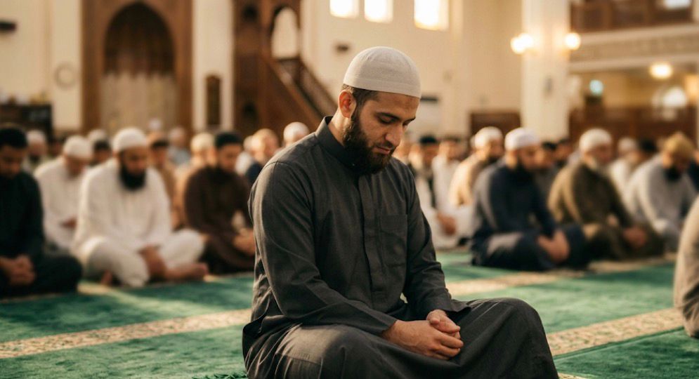 Jemaah pria bermata teduh sedang menunduk khidmat mendengarkan khutbah tentang keutamaan bulan haram di Masjid At Taqwa PDM Kota Semarang.