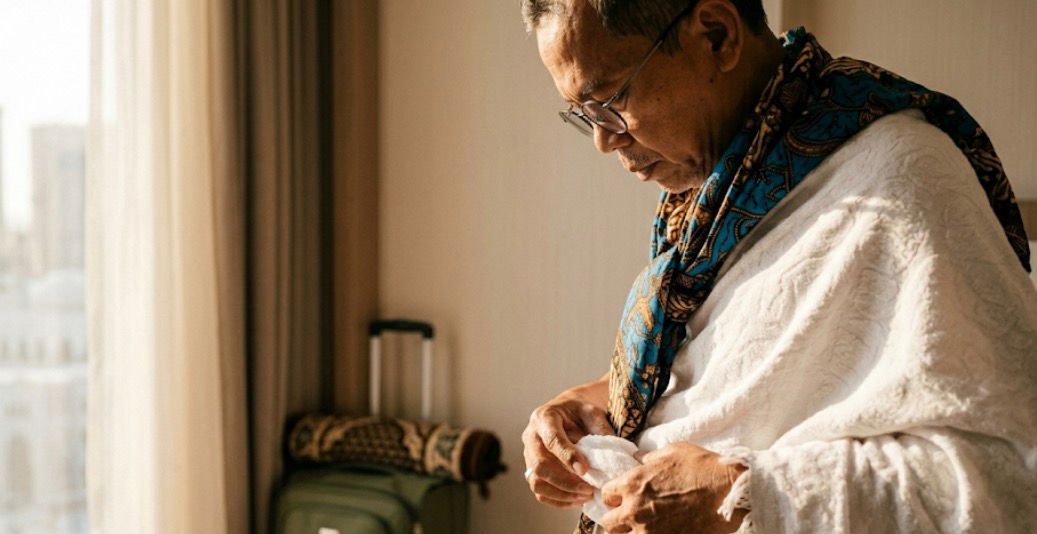 Jemaah haji Semarang sedang merapikan pakaian ihram di hotel sebagai bentuk persiapan Armuzna.