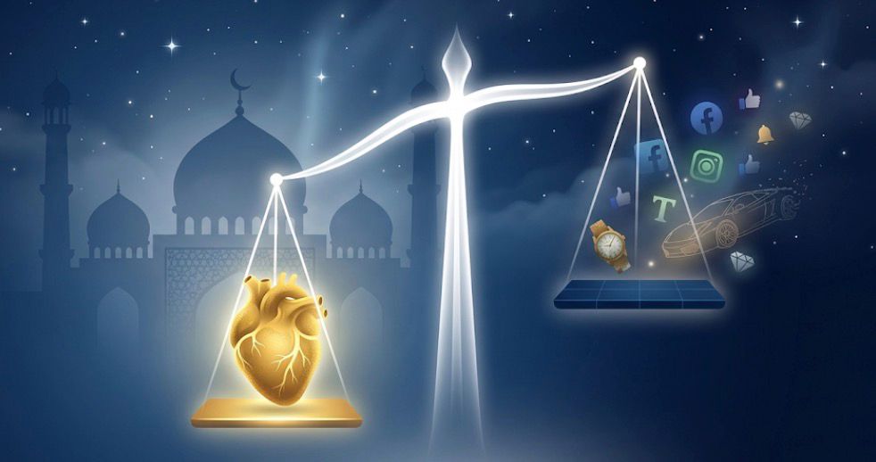 Ilustrasi konseptual sebuah timbangan cahaya yang membandingkan berat hati emas yang bersinar dengan berbagai simbol kemewahan duniawi dan ikon media sosial di atas latar belakang siluet masjid dan langit malam.
