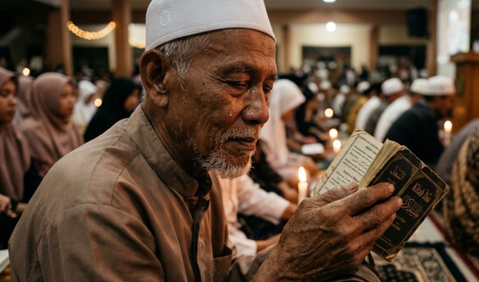 Seorang jamaah lansia sedang khusyuk membaca buku keagamaan saat pengajian rutin tentang mengingat kematian dalam islam di Semarang.