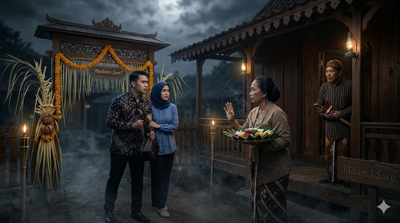 Foto ilustrasi sinematik ketegangan budaya pada malam hari di halaman rumah kayu tradisional Jawa. Tampak sepasang suami istri muda mengenakan kemeja batik dan jilbab biru tua sedang dihadang oleh seorang wanita lansia berkebaya cokelat yang membawa tampah sesajen berisi gunungan bunga dan kemenyan berasap. Di latar depan kiri terdapat gapura bambu berhiaskan janur kuning dengan papan bertuliskan "Mantenan Suro?", sementara di latar belakang tampak suasana temaram di bawah awan mendung dan bulan purnama yang mengisyaratkan ketakutan masyarakat terhadap mitos bulan suro.