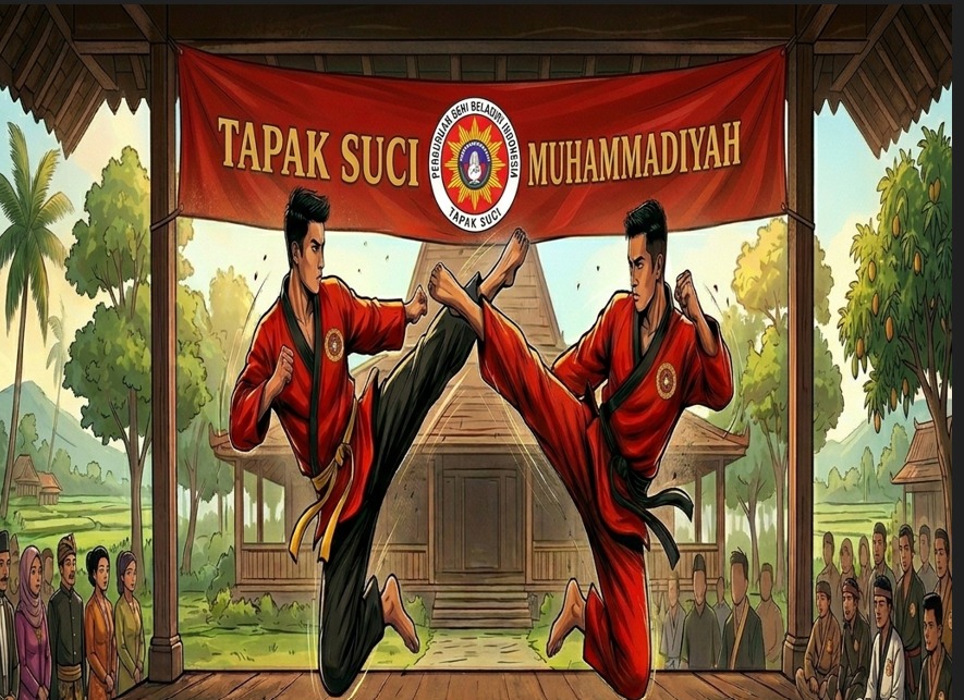Ilustrasi dua pendekar Tapak Suci Muhammadiyah berseragam merah melakukan aksi tendangan bela diri di depan pendopo, dengan spanduk acara dan latar belakang sawah serta penonton.