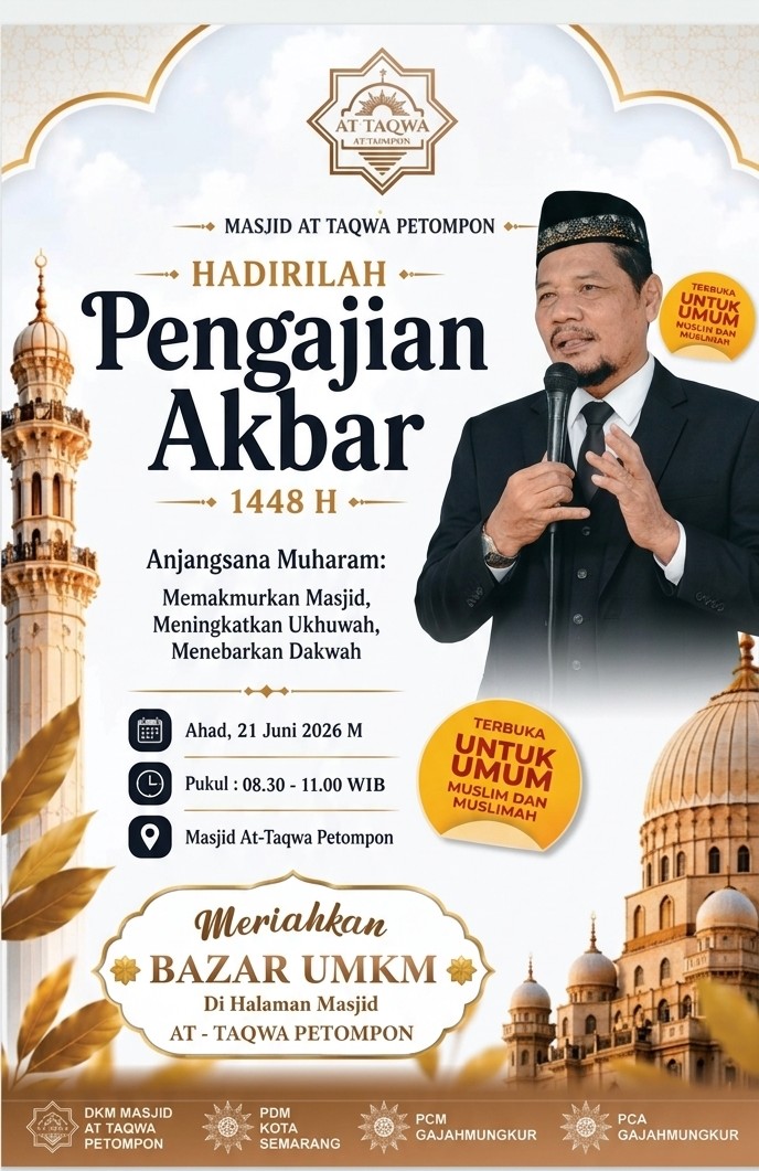 Pamflet Pengajian Akbar Muharram 1448 H dan Bazar UMKM di Masjid At-Taqwa Petompon Semarang pada 21 Juni 2026.