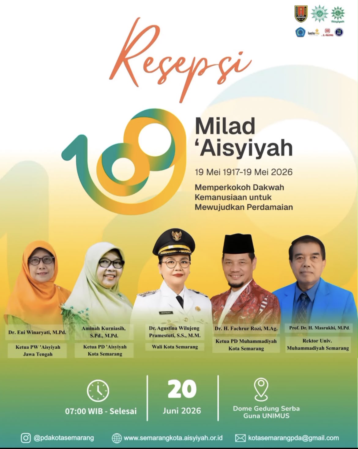 Flyer Resepsi Milad ke-109 'Aisyiyah Kota Semarang dengan tema Memperkokoh Dakwah Kemanusiaan untuk Mewujudkan Perdamaian di Dome UNIMUS pada 20 Juni 2026.