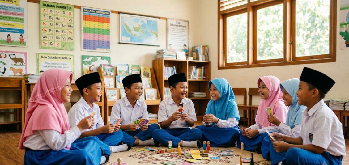 Anak-anak SD berseragam sekolah sedang duduk melingkar sambil tertawa gembira memainkan kartu edukasi dan boneka kertas saat simulasi role play di dalam kelas.