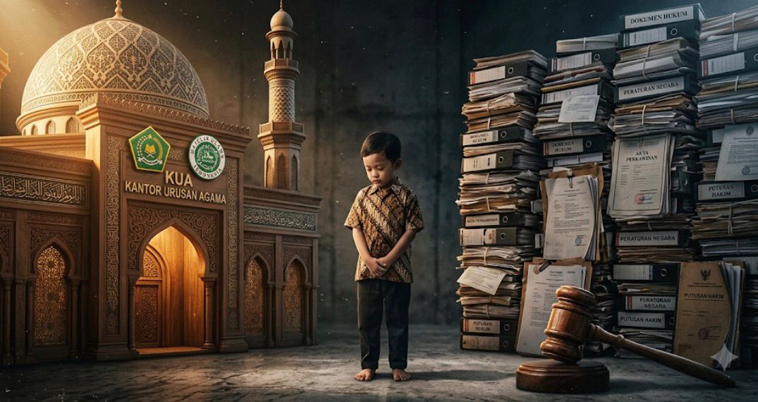 Anak kecil berbaju batik berdiri tertunduk lesu di antara miniatur gedung KUA dan tumpukan berkas dokumen hukum perkawinan beda agama serta palu sidang hakim.
