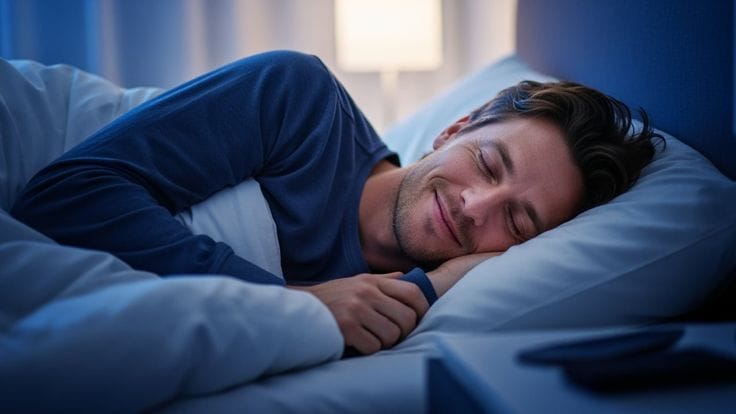 Pria dewasa tampak tertidur lelap di bawah selimut di dalam kamar tidur berlampu temaram, menggambarkan kebiasaan merebahkan diri setelah fajar yang diperingatkan dapat mengikis keberkahan shalat subuh dan menghambat rezeki.