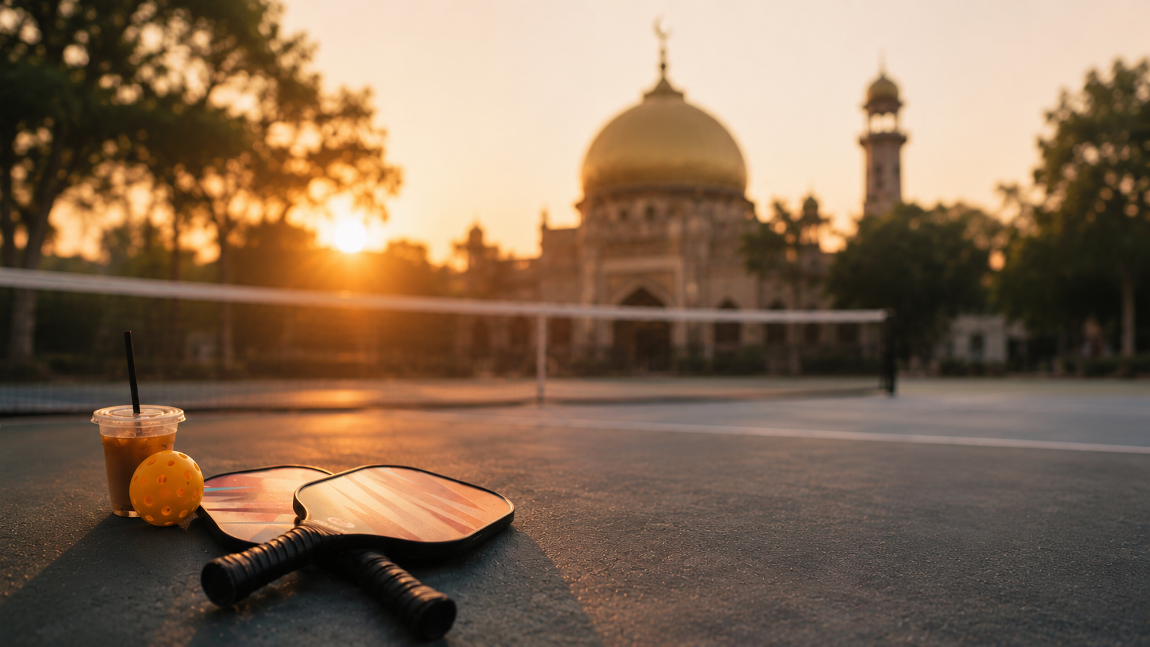 Dua raket pickleball kayu dan satu bola kuning berlubang tergeletak di permukaan lapangan luar ruangan di dekat minuman dingin, berlatar belakang siluet kubah masjid yang megah saat golden hour.