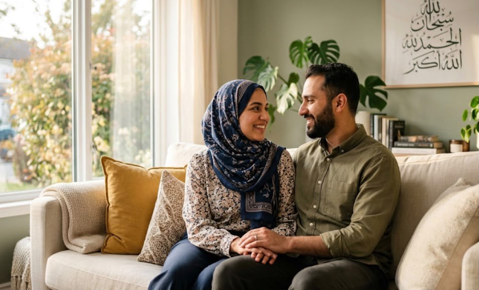 Sepasang suami istri muslim tersenyum hangat dan berpegangan tangan di sofa ruang keluarga, merepresentasikan keharmonisan dan komunikasi suami istri dalam keluarga sakinah.