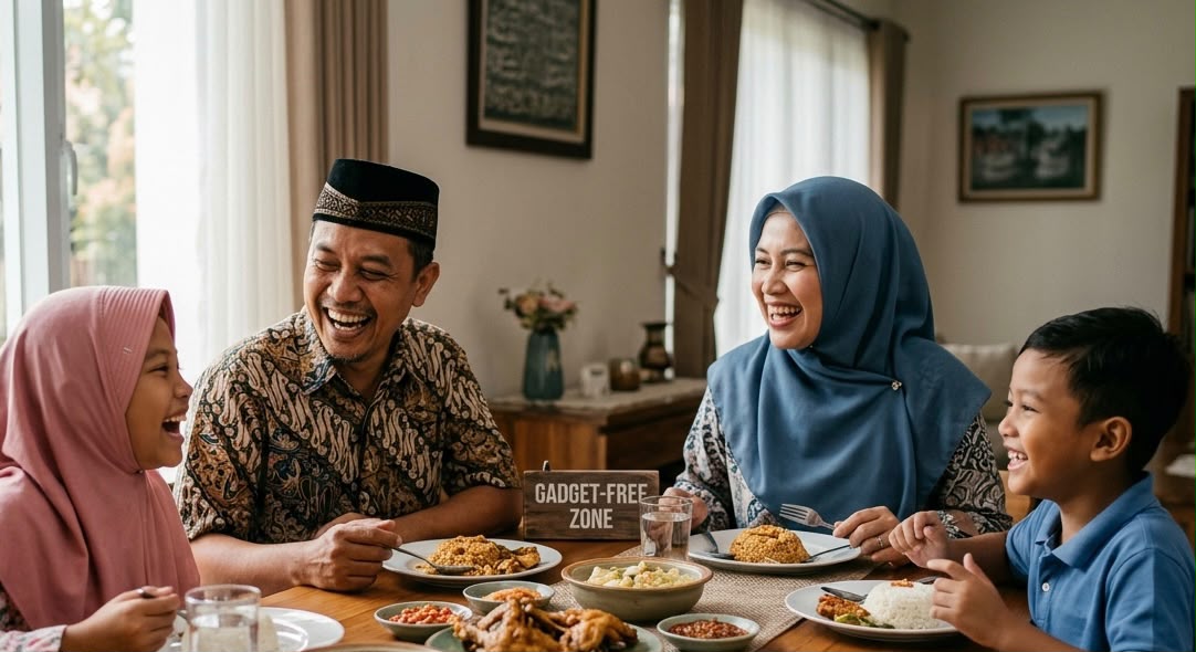 Keluarga muslim tertawa bahagia saat makan bersama di meja makan yang dilengkapi papan penanda Gadget-Free Zone sebagai penerapan nyata cara membangun keluarga bahagia.