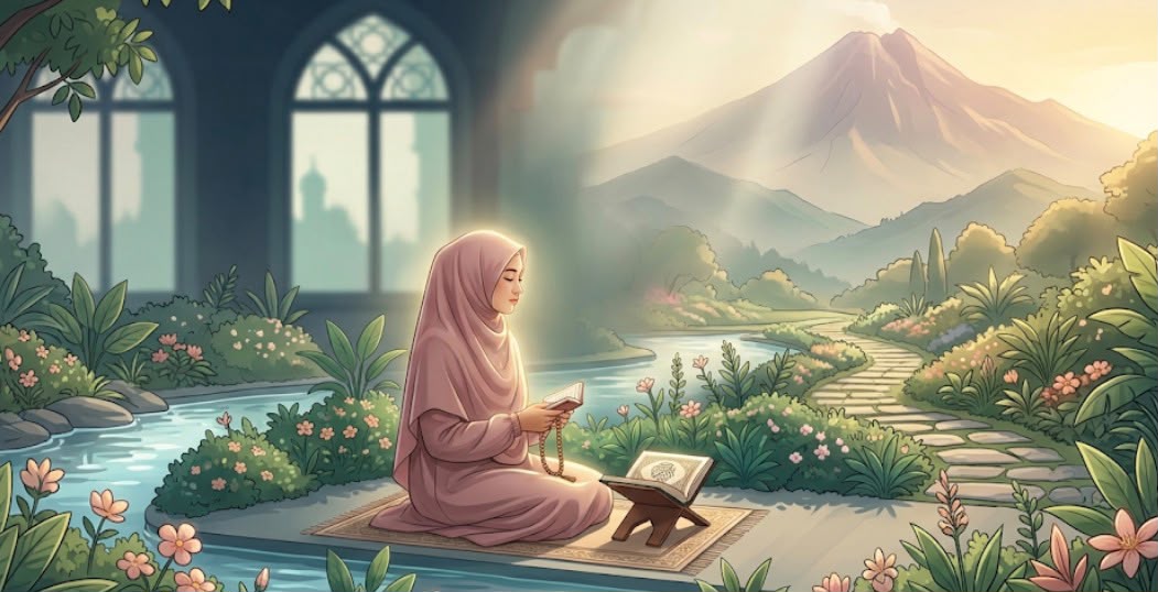 Ilustrasi wanita muslimah berhijab sedang berzikir dan membaca Al-Qur'an di alam yang damai, merepresentasikan ketenangan batin Islam.