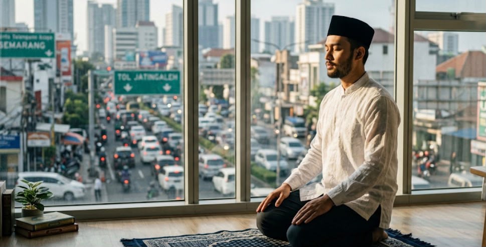 Pria muslim khusyuk beribadah di atas sajadah melambangkan ketenangan hati menurut Islam di tengah hiruk-pikuk lalu lintas Kota Semarang.